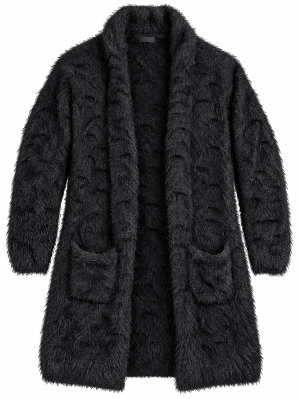 Betty & Co Black Shaggy Fuzzy Long Open Front Cardigan Coatigan